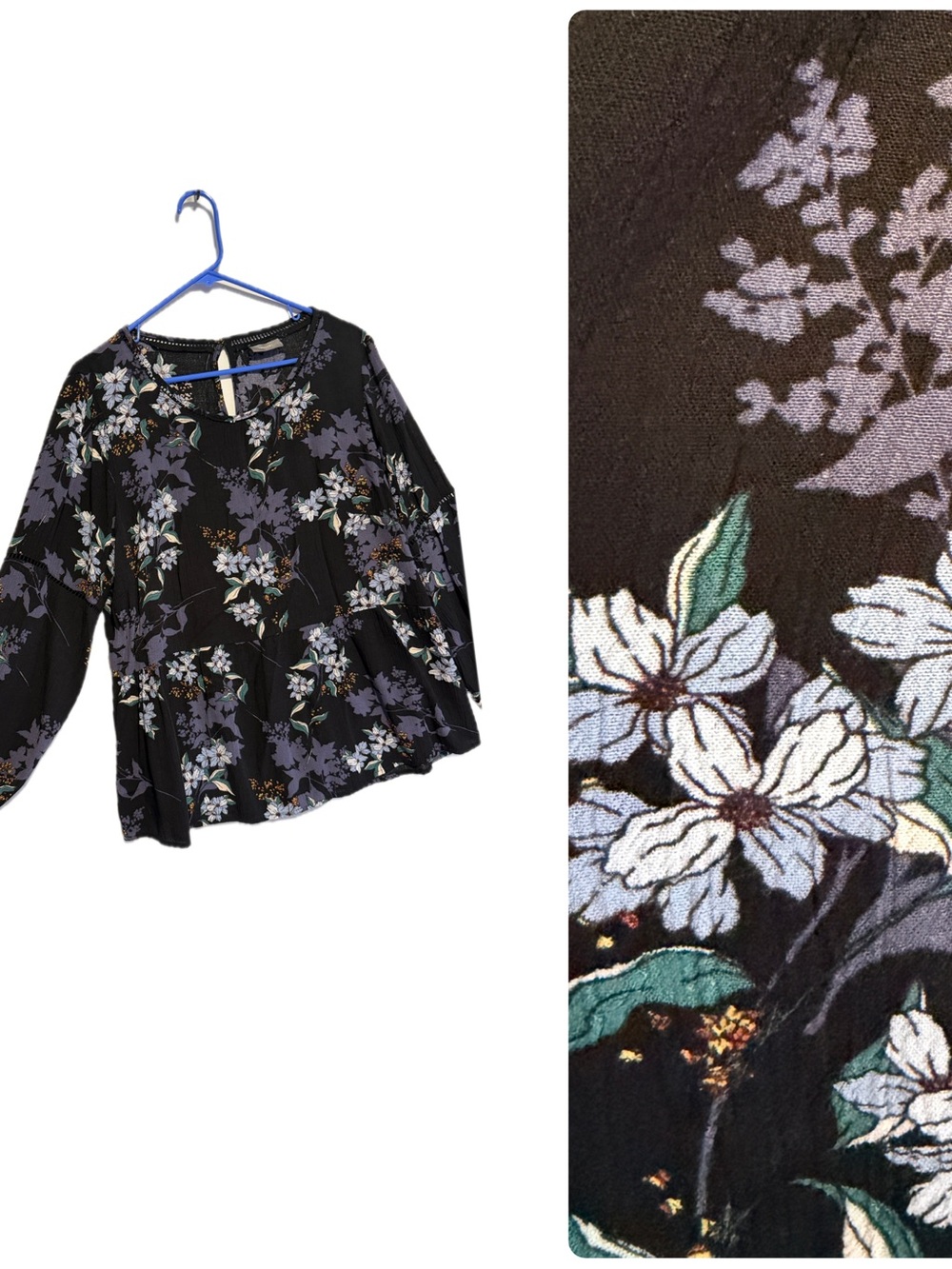 Yessica Floral Peplum Blouse XL Black Purple Boho Long Sleeve